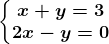 \left\\beginmatrix x+y=3 & \\ 2x-y=0 & \endmatrix\right.